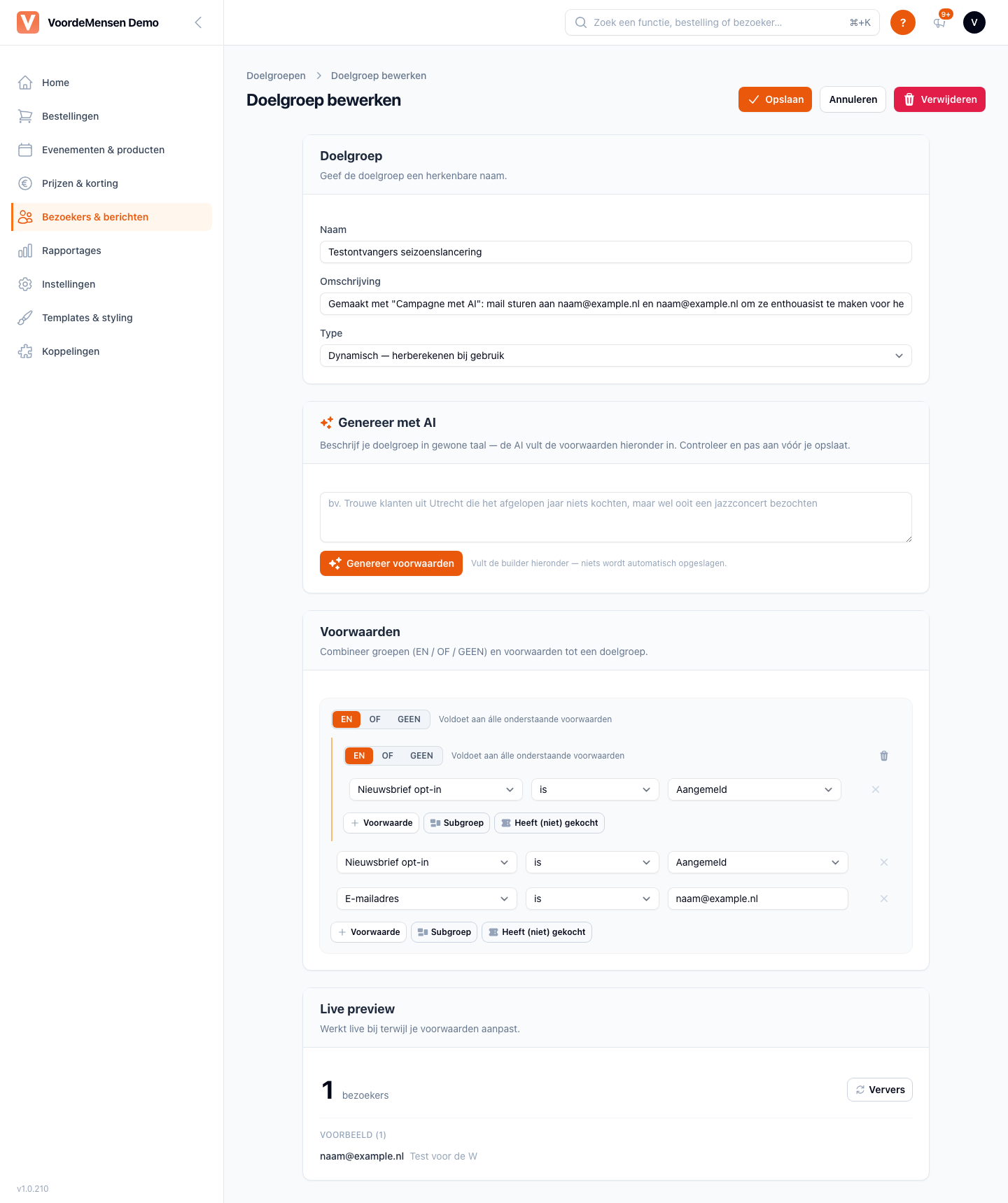 Doelgroep bewerken met Genereer met AI, de voorwaardenbouwer en de live preview