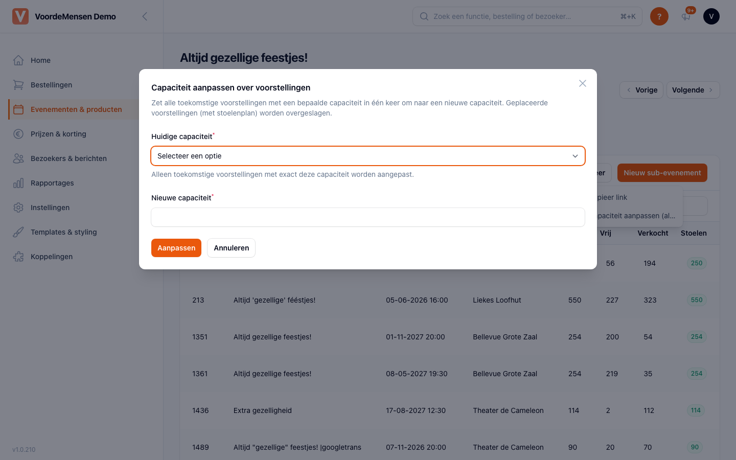 Capaciteit aanpassen over voorstellingen