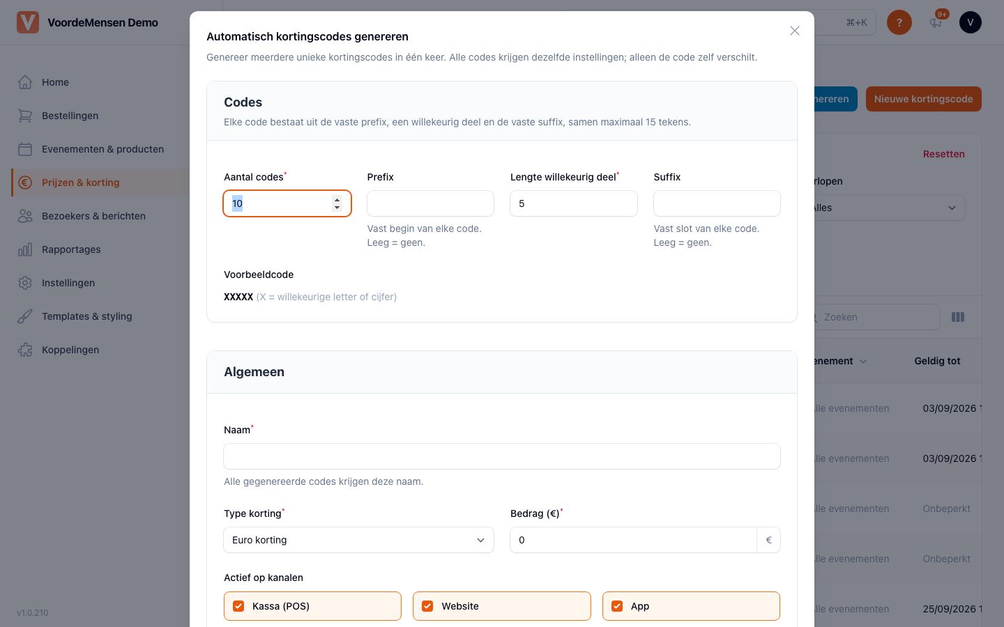 Modal Automatisch kortingscodes genereren met de sectie Codes
