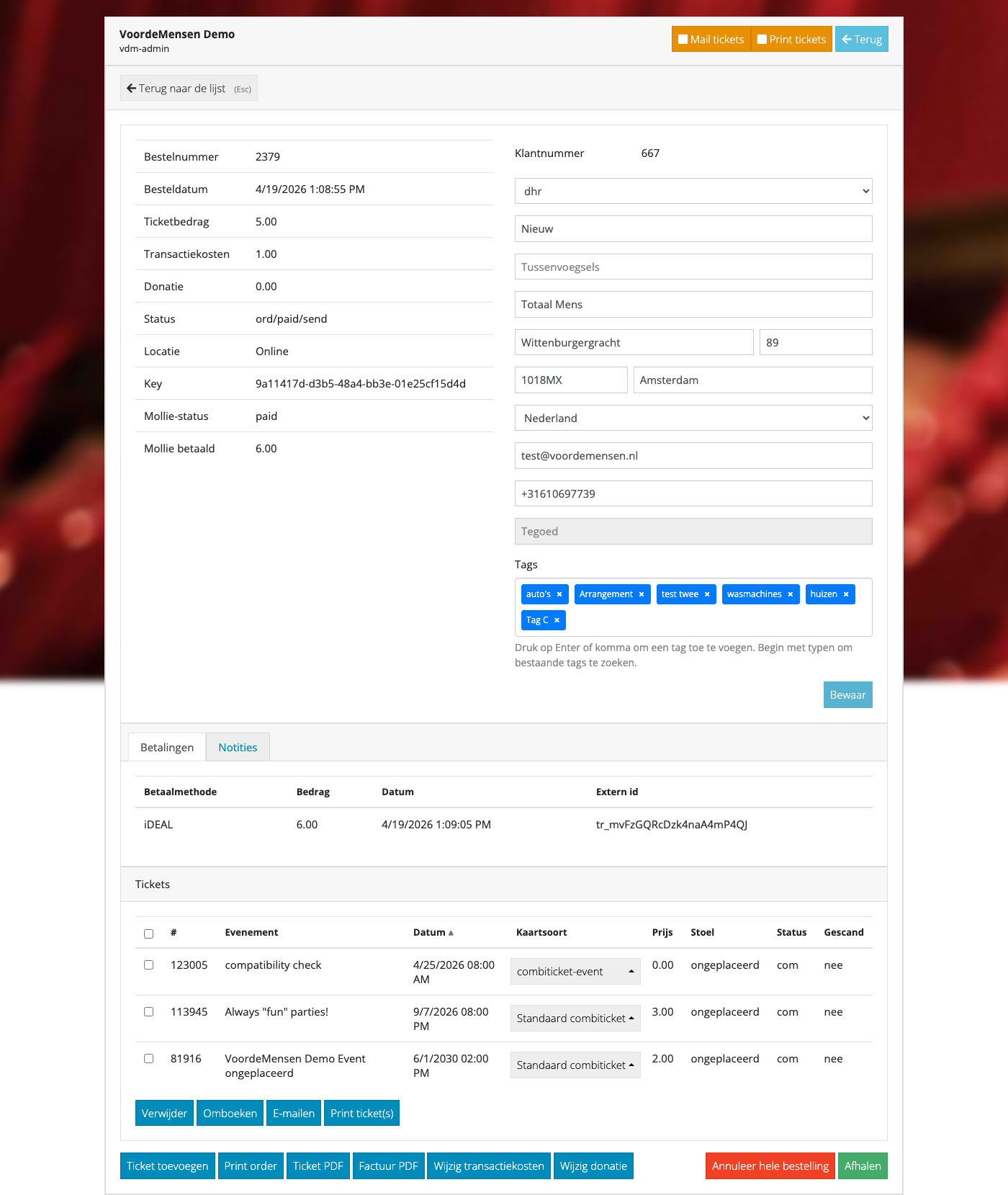 Order-detail met alle secties