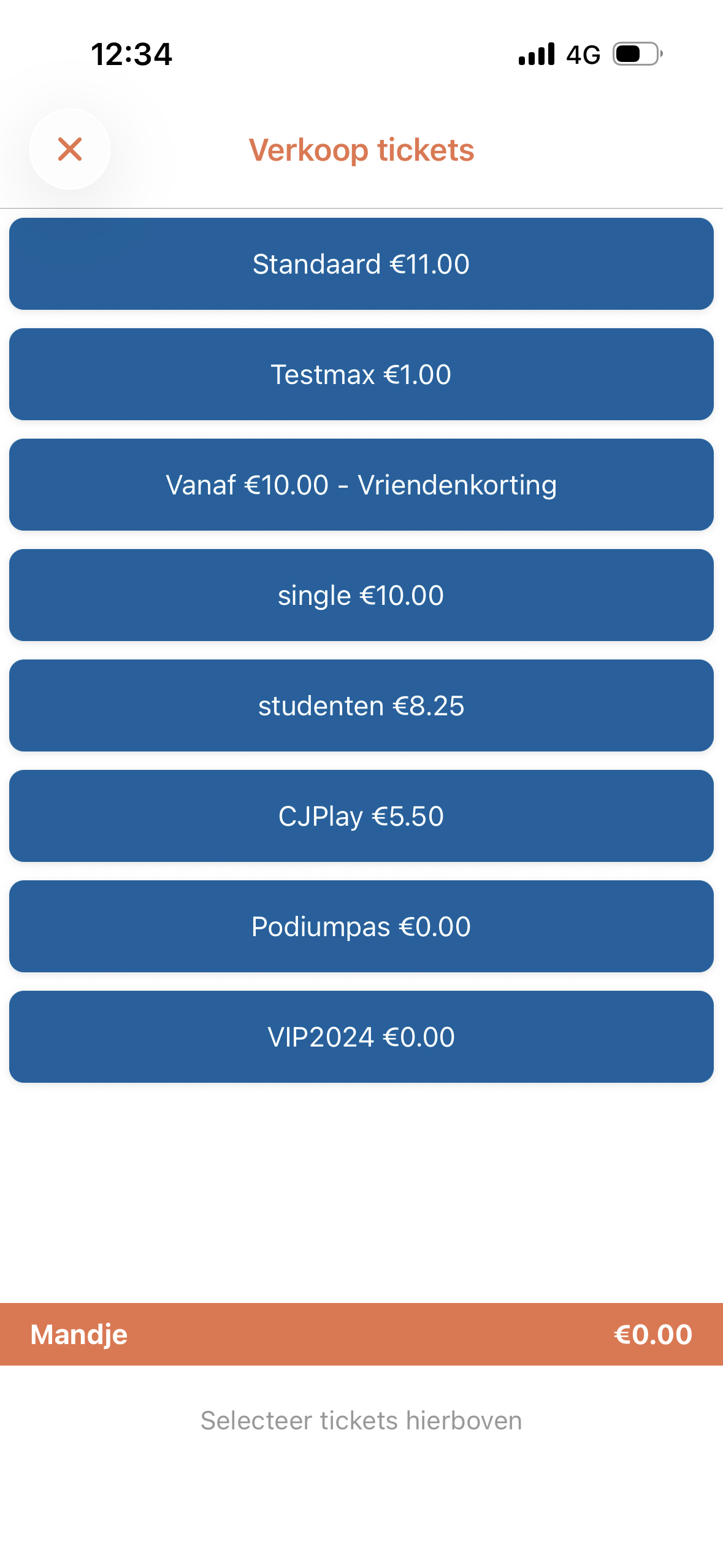 Verkoop tickets — kaartsoort-keuze
